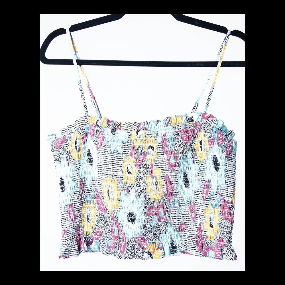 BCBGeneration Womens Floral Print Sleeveless Smocked Ruffled Crop Top M NWT